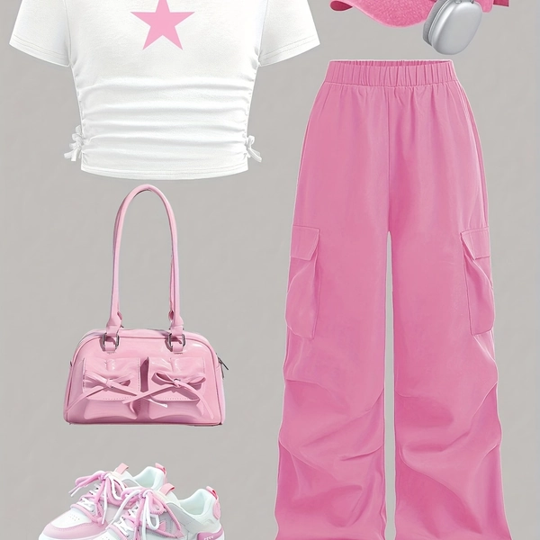 [Side Bow Detail, Wide Leg] Girls' Star Print Top + Cargo Pants | Casual Daily Wear, All-Season, with Pockets