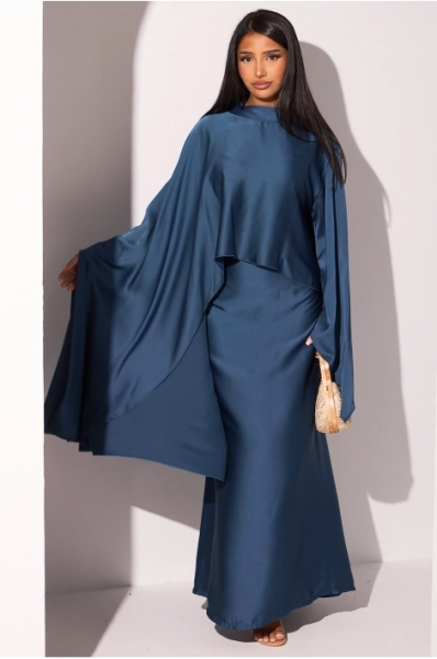 Robe effet satinée à empiècement asymétrique bleu