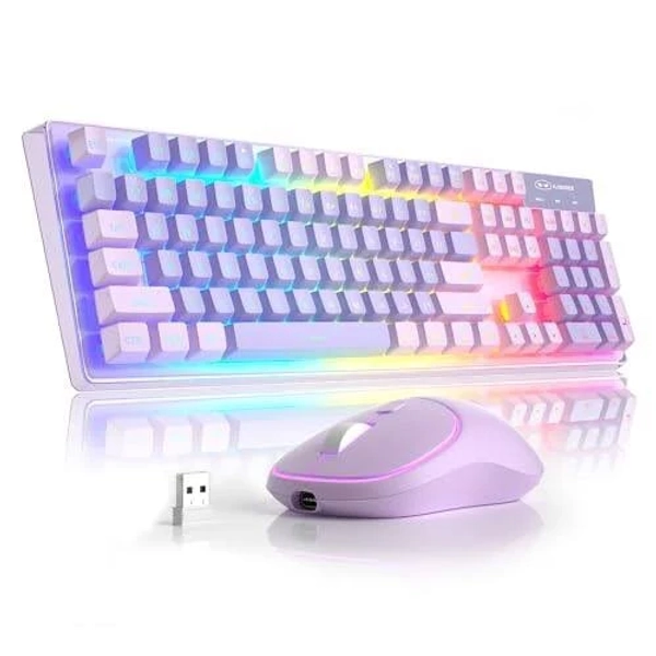 Comfort Essence - V550 Wireless Gaming And Mouse Full-sized Rgb Led Computer Keyboards With Transparent Shell Rechargeable - Purple