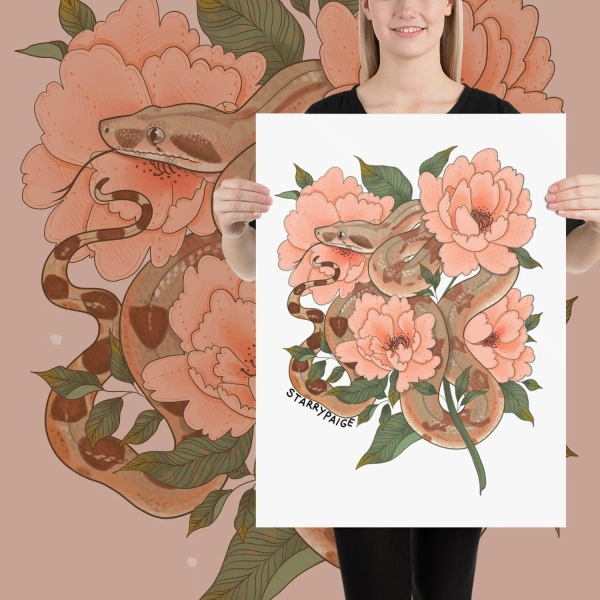 PRINT Boa constrictor and Peonies Matte Poster Snake Reptile Artwork