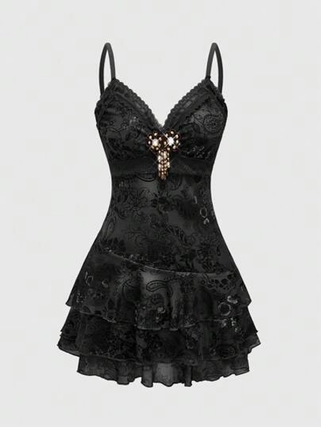 ROMWE Hippie Women's Retro Hippie Vintage Ruffle Ribbon Lace Paisley Print Mini Dress