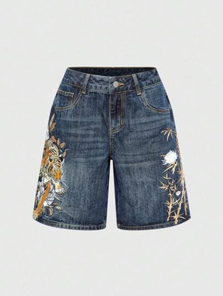 ROMWE Avant Unisex Retro Street-Style Chinese Tiger & Floral Embroidery Loose Wide-Leg Cropped Jeans