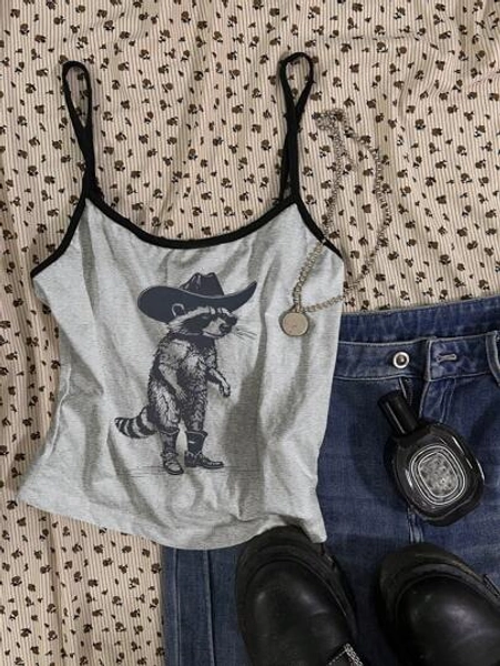 Attitoon Women's Casual Sexy Camisole Tight Fit Black & Grey Spliced Vest, Suitable For Summer, Racoon Print, Cowgirl Style Back To School