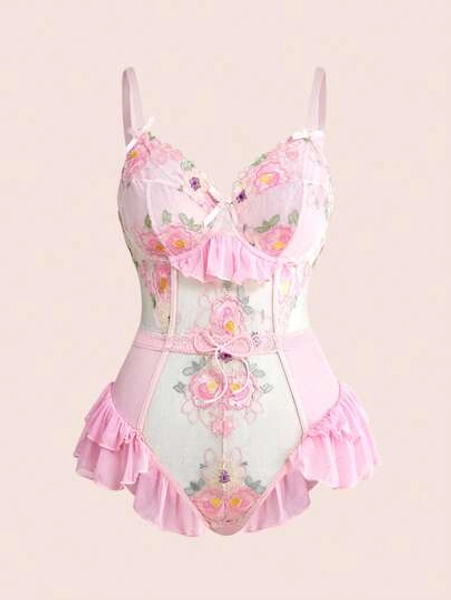 ROMWE Fairycore Fairy Embroidered Floral Underwire Handmade Sexy Bodysuit - Size 2XL