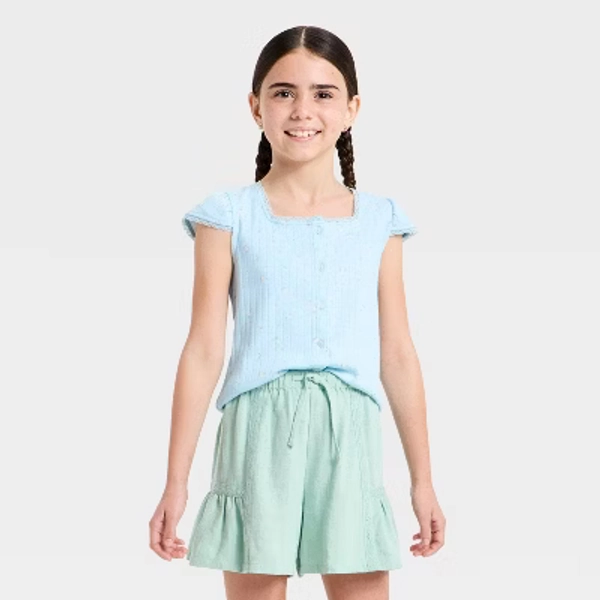 Girls' Flutter Short Sleeve Floral Knit T-Shirt - Cat & Jack™ Light Blue S
