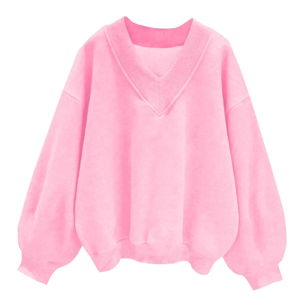 Womens Oversized Sweatshirts Trendy V Neck Long Sleeve Cropped Sweatshirt Casual Loose Pullover Solid Color Top (Pink M)