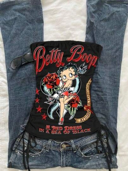 Attitoon Betty Boop x SHEIN Casual Retro Punk Y2K Versatile Rose & English Distressed Print Crop Top, Suitable For Music Festivals, Gothic Style, Summer Outings - Size M