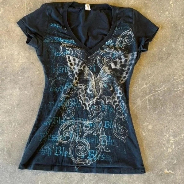 Y2K grunge butterfly graphic tee with white...