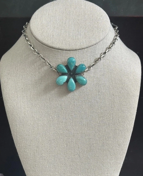 Kingman Turquoise Choker Flower Cluster Southwestern Sterling Silver Necklace 