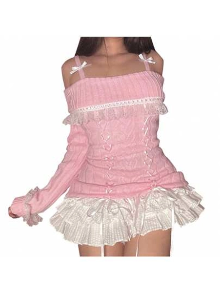 Women Y2K Off Shoulder Knit Sweaters Lace Trim Lace Up Back Long Sleeve Pullovers Jumper Tops Fall Winter Casual Knitwear Lolita Clothes - Size L