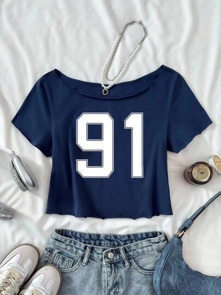 Tween Girls' Casual Street Style Classic Number 91 Graphic, Retro Chic Oversized Cropped Comfy Cotton T-Shirt