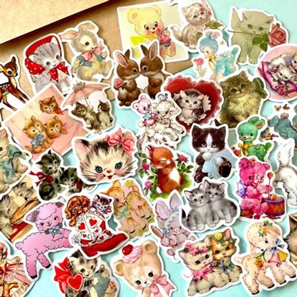 10/20/50 PCS Vintage Animal Stickers - Cute Baby Cats, Dogs, Bunnies for Scrapbooking, Junk Journals, Paper Crafts, Retro Ephemera Stickers