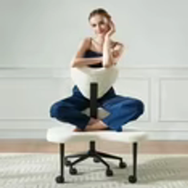 Pinmoco Ergonomic Cross Legged Swivel Chair, Adjustable Height and Teddy Fabric, Meditation& ADHD Chair with Back Support, Home and Office, Off White