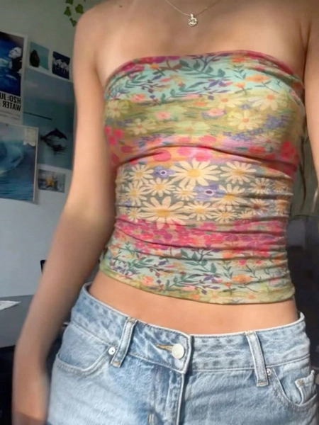 Women's Summer Slim Fitted Tube Tops Y2k Floral Print Pattern Crop Tops Bandeau Show Navel Tank Tops Vacation Tops Streetwear Aesthetic Vintage Clothes 90s