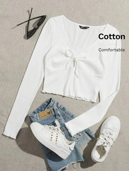 SHEIN EZwear Lettuce Trim Knot Front Rib-knit Tee