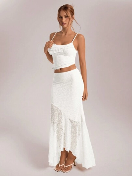 Aloruh Women's Spring Summer Holiday/Wedding Lace Asymmetric Hem Camisole Top And Low Waist Ruffle Hem Mermaid Skirt 2-Piece Set