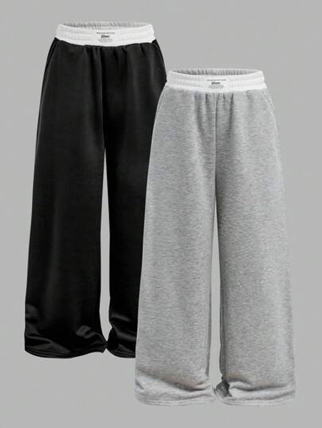 SHEIN 2pcs/Set Tween Girls Casual Knit Contrast Color Waist Wide Leg Pants & Sweatpants Fall Winter