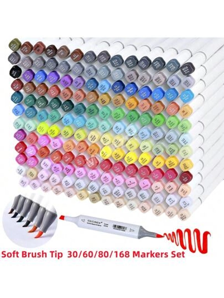 30/60/80/168 Colors Alcohol Soft Brush Markers, Dual Tip Artist Brush & Chisel Tip Sketch Art Markers, Aesthetic Cute Preppy Stuff School Supplies, Pens For Lettering Cards Drawing Coloring Illustrations Back To School