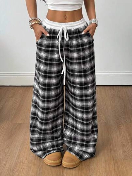 Coolane Women's  Four Seasons Basic Daily Wear Casual Streetwear Plaid Color-Blocked Low Rise Loose Checked Wide Leg Pants,Fall Clothes For Women