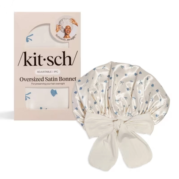 Kitsch Oversized Satin Bonnet- Pearlized Cream & Coastal Blue Print