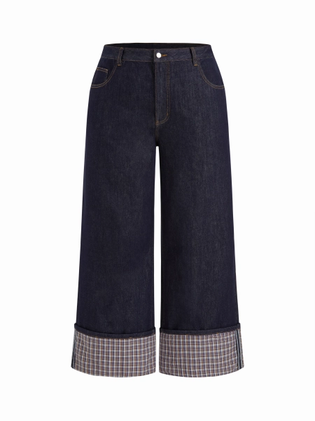 CIDER STRETCH DENIM MID RISE PLAID ROLL HEM STRAIGHT LEG JEANS CURVE & PLUS