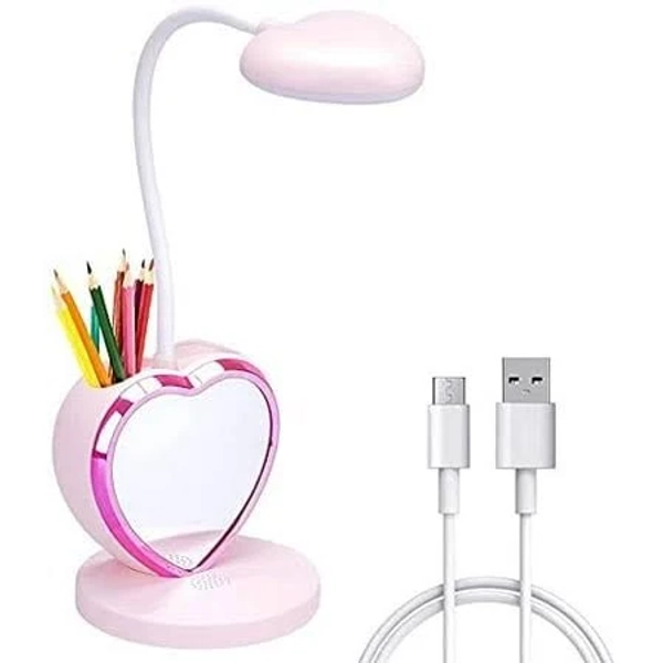 Cute Pink LED Desk Lamp with USB Charging Port, Pen Holder, Phone Stand, Touch Control, Reading Lamp