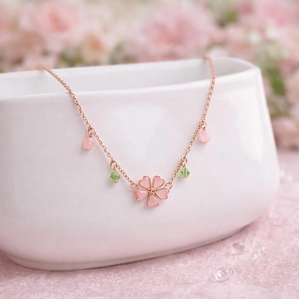 Pink Cherry Blossom Necklace Dainty Flower Pendant Gift for Her