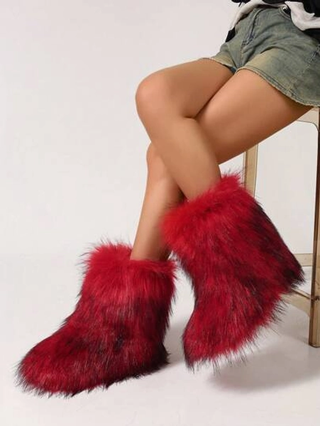 Women's Faux Fur Boot Furry Fluffy Round Toe Suede Winter Comfy Plush Warm Short Outdoor Indoor Flat Shoes Mid-Calf Boots Fashion Boots