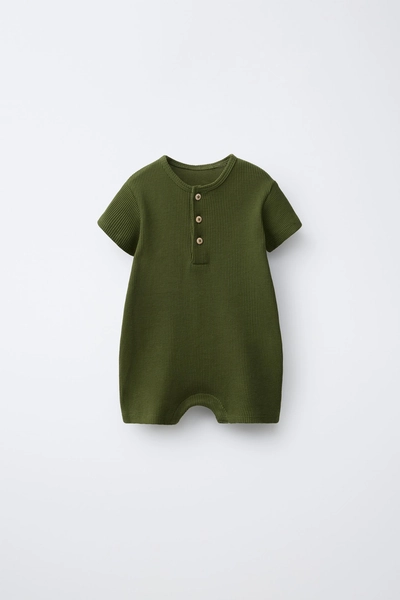 WAFFLE-KNIT HENLEY ROMPER - Green