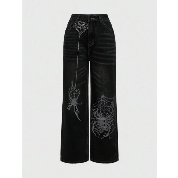Grunge Punk Women's Spider Pattern Pocket Wide Leg Loose Casual Jeansa