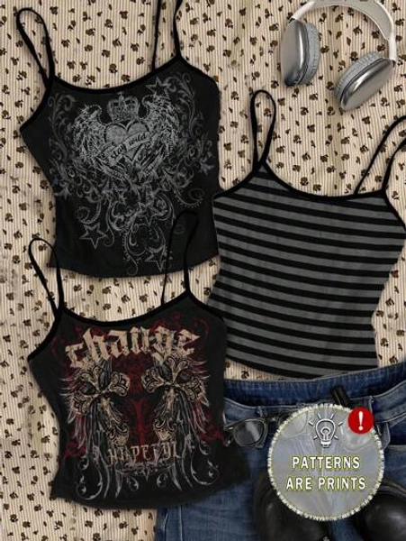 Attitoon Attitoon 3pcs/Set Women's Punk Cross & Wing Print Tank Top, Suitable For Summer, Halloween,Cross& Love Wings, Black Gray Striped,Y2K Goth Style, Vintage Grunge, Punk, Back To School, Cute Summer Tops Grunge Tank Top Punk Tops Y2k Tank Top Graphic Tank Top