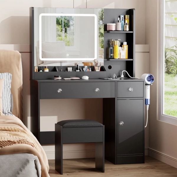34" W Vanity Desk Set With Led Lighted Mirror & Power Outlet, Makeup Table Top with 3 Open Bookcases, 2 Drawers, Dresser Table for Bedroom, Checkroom