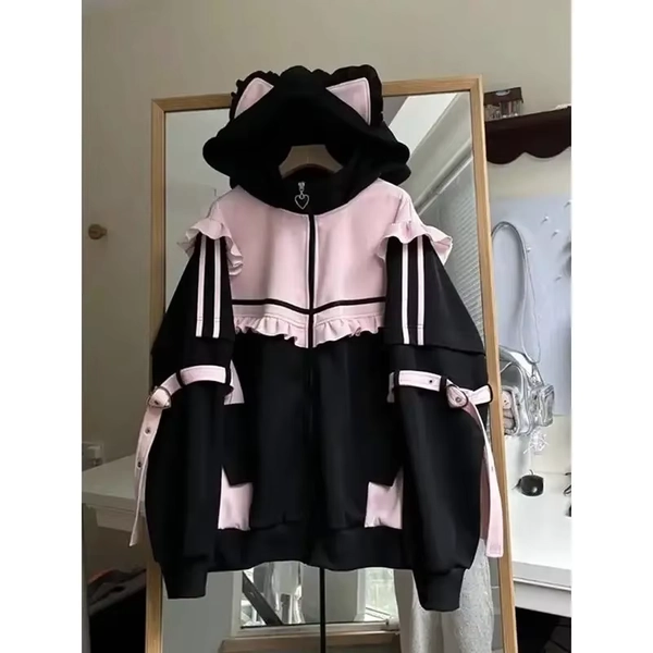 Japanese Sweet Coats Y2K Clothing Hoodie Women Tops Autumn and Winter Color Match Splicing with Thick Velvet Cardigan Jackets - AliExpress 