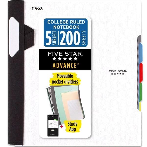 Five Star Advance 5 Subject College Ruled Notebook Plus Study App, 8.5" x 11", White, Poly, Spiral, 200 Sheets - Walmart.com