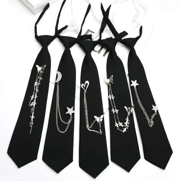 1pc School Uniform Style No-tie Bow Tie Brooch with Moon and Star Chain, Suitable for Streetwear, Daily Dark Style, School, and Cosplay