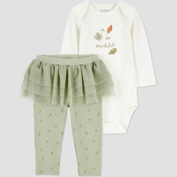 Carter's Just One You® Baby Girls' 2pc Thanksgiving Thankful Tutu Top & Bottom Set - Green
