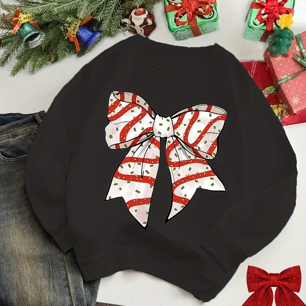 Kids' Festive Christmas Bow Print Long Sleeve Crew Neck Sweatshirt - 100% Polyester Casual Pullover with Applique Detail, Slight Stretch Knit Fabric for Fall/Winter