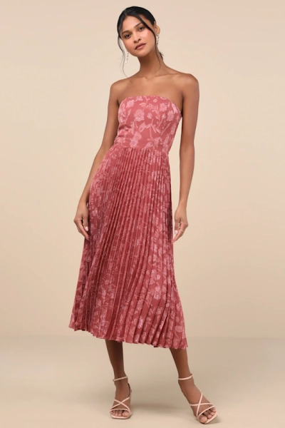 Perfectly Stunning Rusty Rose Jacquard Strapless Midi Dress
