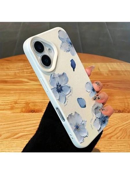 Flower 1pc White Leather Pattern Blue Floral Design Phone Case, Personalized Compatible With Iphone 16 Pro Max, 15, 14 Plus, 13, 12, 11, Protective Cover Waterproof Shockproof Anti-Fall Scratch Resistant