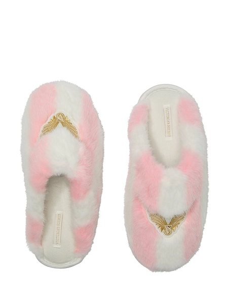 Pink Iconic Stripe Angel Wings Fashion Show Closed Toe Faux Fur Slippers