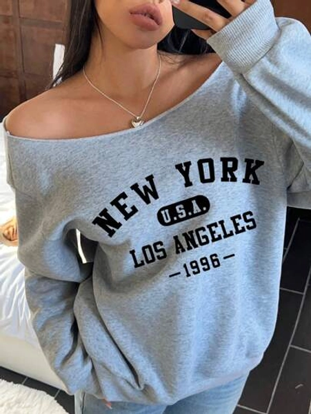 SHEIN EZwear Women's New York Graphic Print Off Shoulder Loose Casual Thin Long Sleeve Sweatshirt,Long Sleeve Tops Back To School Fall And Winter Clothing Teacher Autumn And Winter