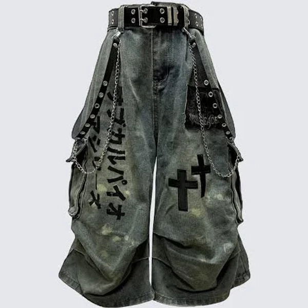 Gothic Washed Denim Shorts with Chains
