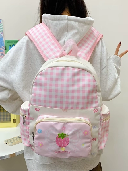 Plaid Strawberry Bow Mochila Korean Style Cute Teenage Girls Student Bag Mochilas Mujer New Bolsas Bags for Woman Backpack - AliExpress 1524