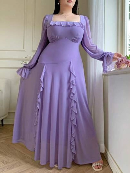 Feyla Plus Size Women Solid Color Ruffle Edge Square Neck Flare Sleeve Elegant Dress