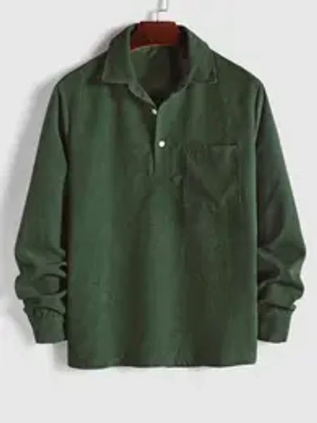 Men's Plain Pocket Half Button Corduroy Shirt, Casual Comfy Regular Fit Long Sleeve Collared Top For Fall & Winter, Men's Clothes For Daily Wear