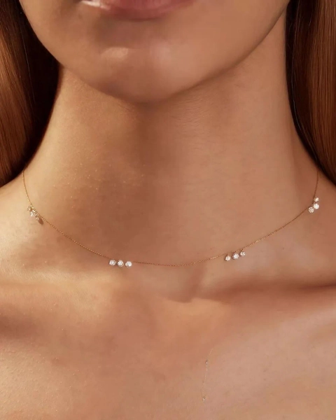 14K Solid Gold Chain With 0.72ctw Twelve Drilled Lab Diamonds, Dainty Everyday Jewelry