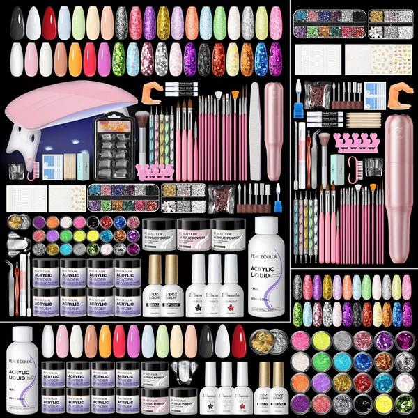 PEACECOLOR Acrylic Nail Kit Clear Pink Acrylic Powder with Drill And U V Light Full Nail Kit Set Nail Decorative Powder Professional Nail Starter Kit for Beginners Acrylic with Everything