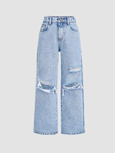 SHEIN Girlism Tween Girls' Y2K Spring Summer Beach Washed Ripped Wide Leg Jeans,Girls Summer Clothes Concert Outfits