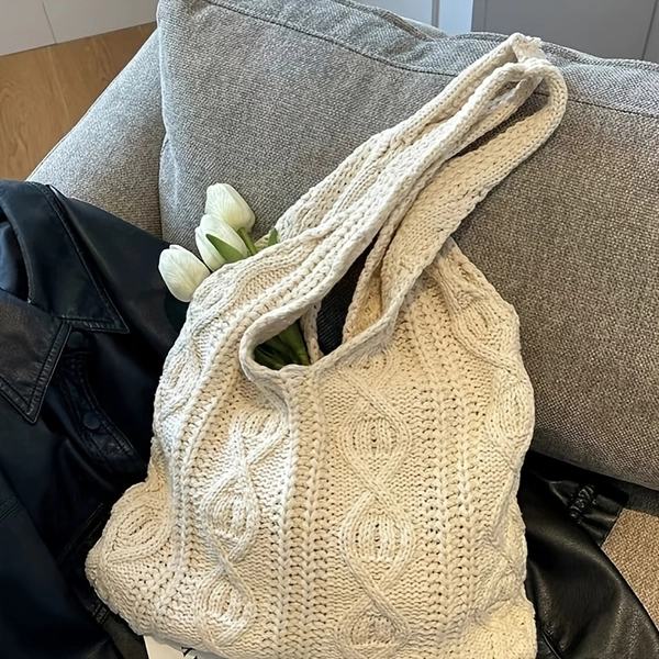 1pc of Large-capacity Casual New Korean Version Chic Knitted Flower Women's Portable Shoulder Bag Tote Bag, Handbag Simple and Fashionable Holiday Beach Casual Woven Tote Bag Large-capacity Shoulder Bag Versatile Woven Bag