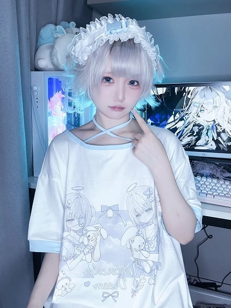 [£19.07]Light Blue Yandere Angel Print T-Shirt - Yami Kawaii & Jirai Kei Style Halter Neck Top